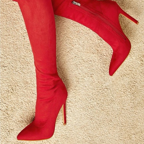 Red Solid Color Stretch Fabric Over-the-knee Boots With Side Zipper - Picture 3 of 4